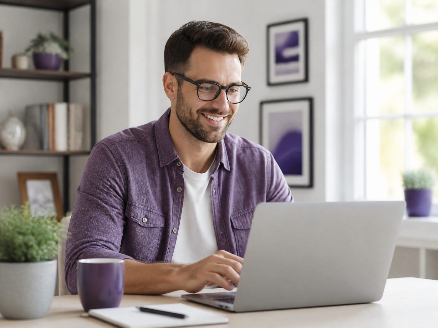 Person arbeitet entspannt im hellen Homeoffice am Laptop